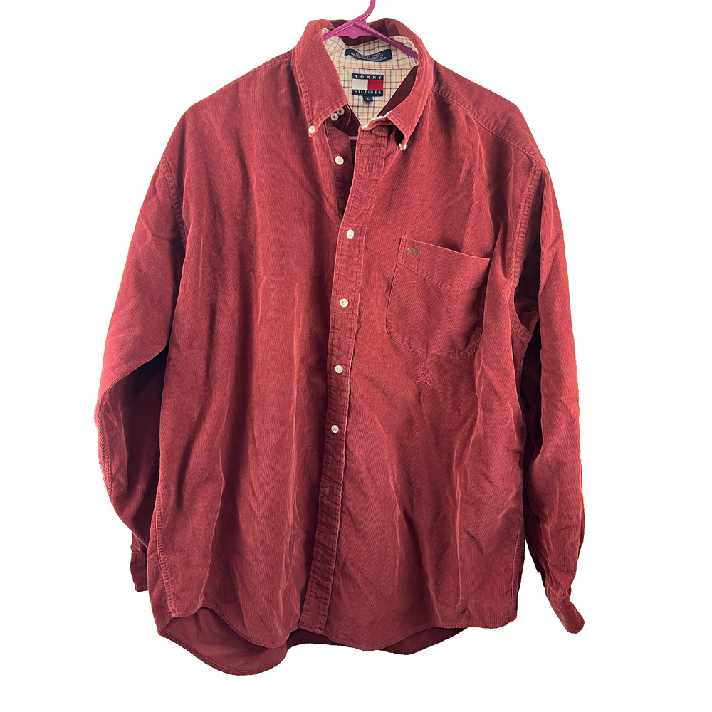 Vintage 90s Tommy Hilfiger Corduroy Mens Large Crest Cotton Button Down Burgundy